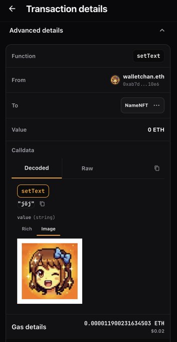 A cryptocurrency transaction details screen showing a setText function call from walletchan.eth to NameNFT with 0 ETH value, displaying a pixel art image of a winking girl with a blue bow and gas details of 0.000011900231634503 ETH.