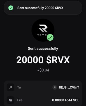A transaction confirmation showing 20,000 $RVX tokens (~$0.04) successfully sent to wallet address 8EJ9i...CVfnT with a fee of 0.00001464 SOL, illustrating the act of distributing RVX tokens to a random follower in response to the giveaway post.