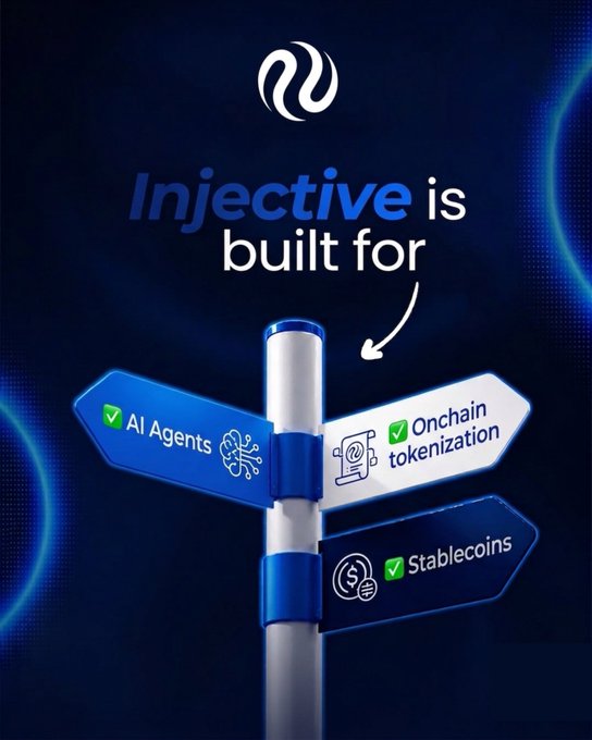 The image features a blue signpost with two signs pointing in opposite directions, one labeled "Injective" and the other "built for". The text above the signpost reads "Injective is built for", indicating that the focus of the future lies in the direction indicated by the "Injective" sign. This suggests that the image is promoting a futuristic vision or concept related to money, technology, or innovation.