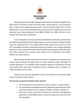 This press release details an investigation by the Directorate of Enforcement into a discount crypto token scam perpetrated by self-styled "Key Opinion Leaders" including Mohammed Waseem, Saurabh Diwan, and Vaibhav Gupta. The image shows the official press release document.