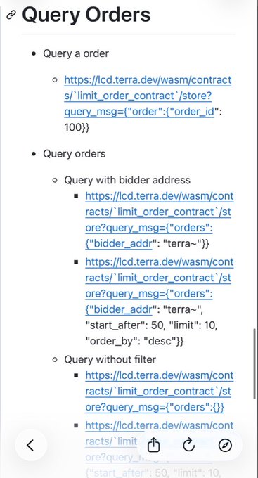 A mobile documentation page titled 'Query Orders' showing API endpoints for querying a single order and multiple orders via LCD URLs, with examples for 'Query a order', 'Query with bidder address', and 'Query without filter' using limit_order_contract on lcd.terra.dev.