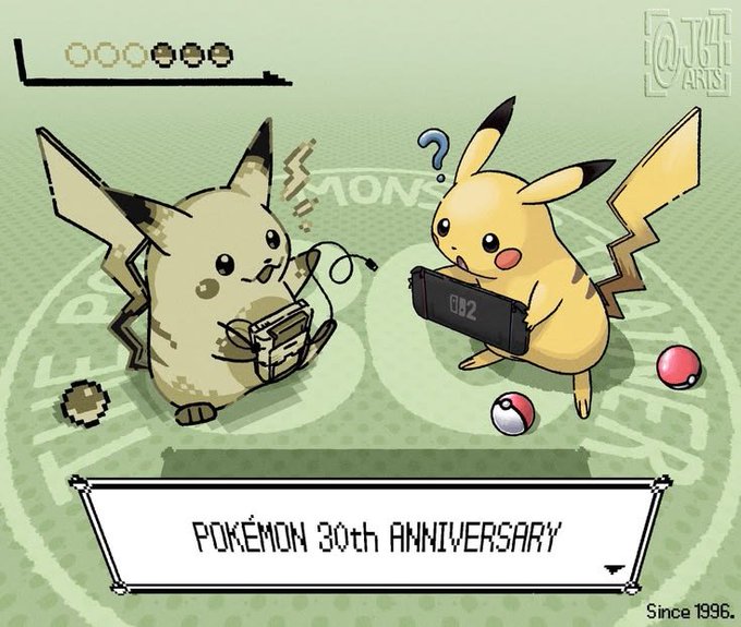 Pixel art illustration celebrating 'POKÉMON 30TH ANNIVERSARY' (since 1996), showing a Game Boy-playing Pikachu and a Switch-playing Pichu looking confused.