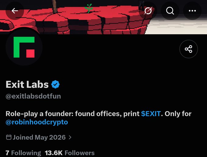 A screenshot of the verified Twitter/X profile for "Exit Labs" (@exitlabsdotfun) showing a pixel-art red cliff banner, 13.6K followers, and the tagline "Role-play a founder: found offices, print $EXIT. Only for @robinhoodcrypto" — aligning with the post announcing the collaboration with Robinhood and the $EXIT token's 4444 supply.
