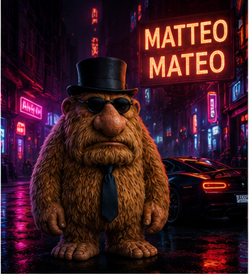 A digital artwork of a furry creature wearing a top hat, sunglasses, and a tie, standing in a neon-lit cyberpunk street with 'MATTEO MATEO' neon signs in the background.
