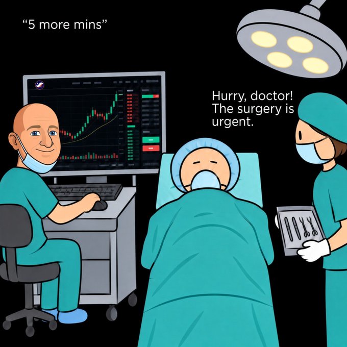 A humorous cartoon meme depicting a surgery scene where a doctor says '5 more mins' while looking at a computer screen showing a green bullish crypto/stock chart, while a nurse holding surgical tools urgently says 'Hurry, doctor! The surgery is urgent.' with a patient on the operating table.