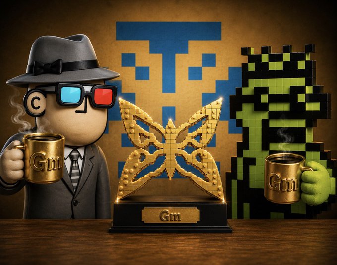 A 3D digital illustration features a character in a fedora and 3D glasses holding a 'Gin' mug, a pixel-art green character also holding a 'Gin' mug, and a golden butterfly trophy with 'Gin' engraved on its base.