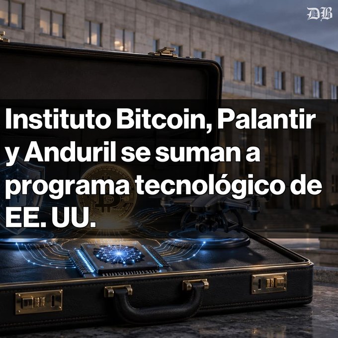 A graphic showing a briefcase containing a glowing chip, a Bitcoin coin, and a drone, with Spanish text reading 'Instituto Bitcoin, Palantir y Anduril se suman a programa tecnológico de EE. UU.' and a 'DB' logo.