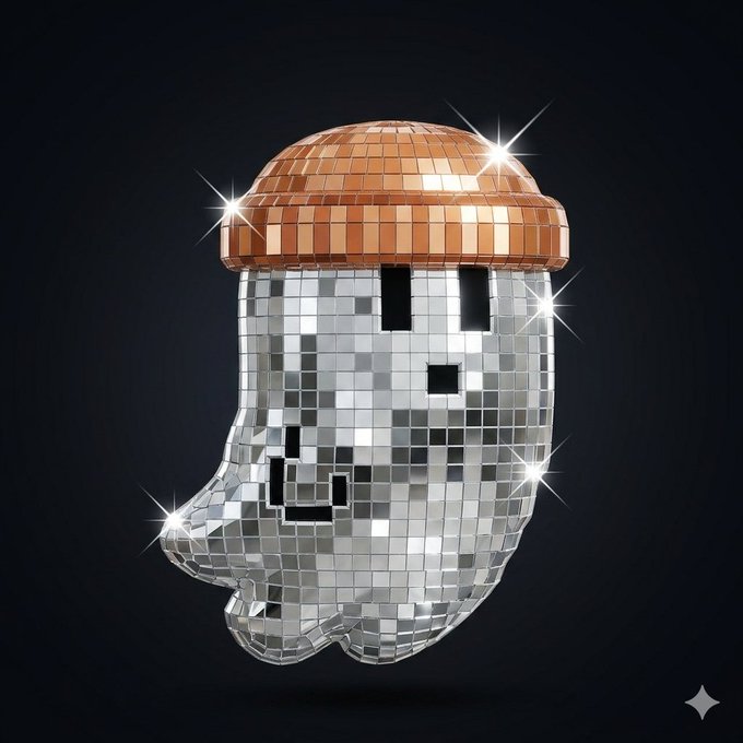A 3D-rendered, disco-ball style ghost with mirrored facets wearing a brown hat, set against a dark background.