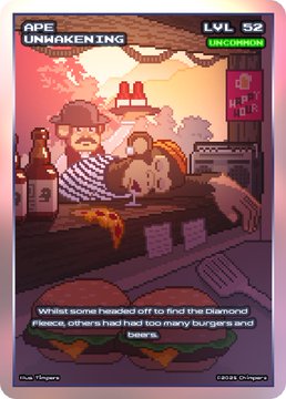 A pixel-art trading card titled 'APE UNWAKENING' at LVL 52 UNCOMMON, depicting a mustachioed character in a bar with a pizza, pizza slice, and burger, captioned: 'Whilst some headed off to find the Diamond Fleece, others had had too many burgers and beers.'