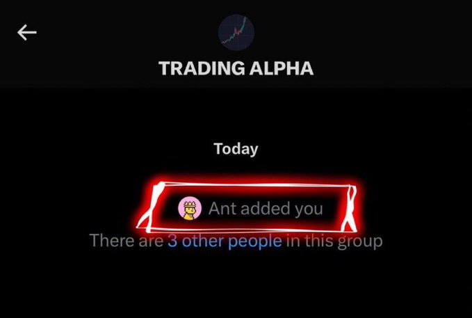 A screenshot of a Discord notification for the "TRADING ALPHA" group shows that "Ant added you," with a highlighted message indicating "There are 3 other people in this group." The image supports the post's call to action inviting others to join the #1 Crypto Community on X.