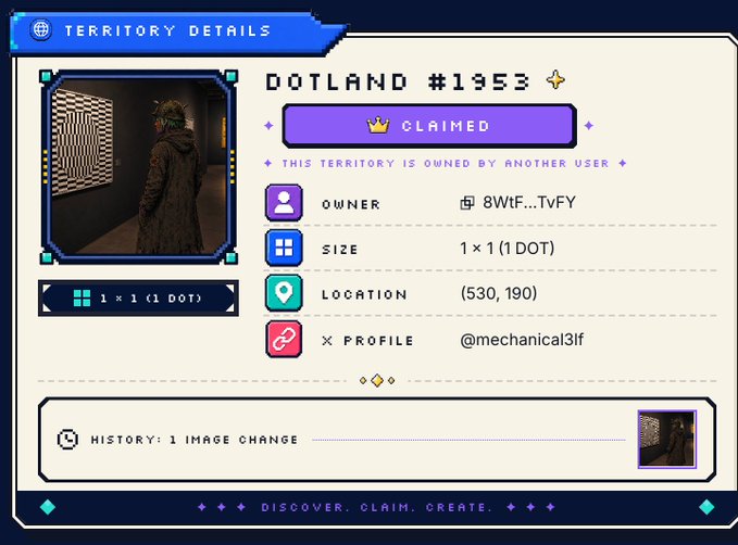 A 'Territory Details' interface for Dotland #1353 showing a claimed 1x1 DOT owned by user @mechanical3lf at coordinates (530, 190).