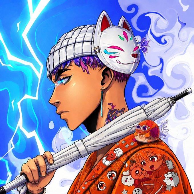 A vibrant anime-style illustration of a character with purple hair wearing a white fox mask, holding an umbrella decorated with cute chibi characters, set against a blue background with lightning.