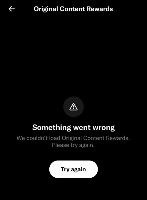 A mobile screenshot shows an "Original Content Rewards" page with an error message: "Something went wrong - We couldn't load Original Content Rewards. Please try again," accompanied by a "Try again" button. The image illustrates the rollout issues of X's new Original Content Rewards feature, with a user encountering an error when attempting to access it.