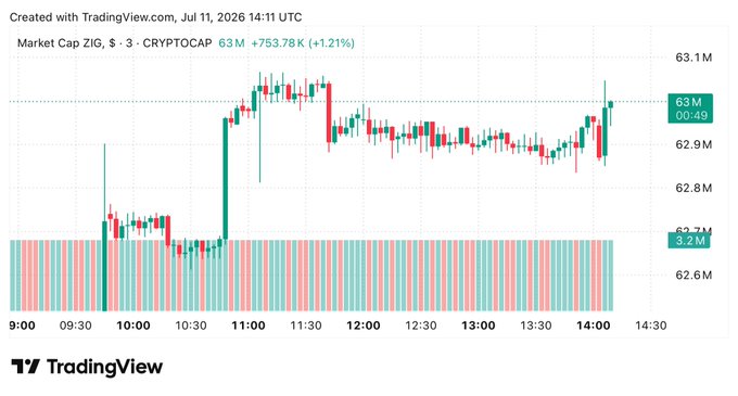A TradingView candlestick chart titled 'Market Cap ZIG, $ - 3 - CRYPTOCAP' showing a value of 63M with a +1.21% gain (+753.78K), dated Jul 11, 2026.