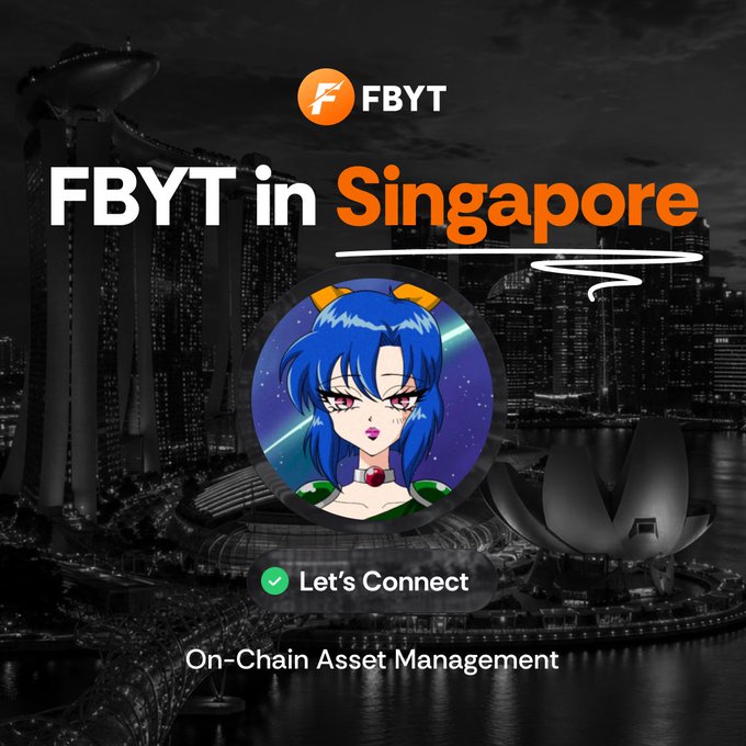 Promotional graphic for "FBYT in Singapore" featuring an anime-style blue-haired character, the FBYT logo, and a "Let's Connect" button, set against a black and white Singapore skyline with Marina Bay Sands.