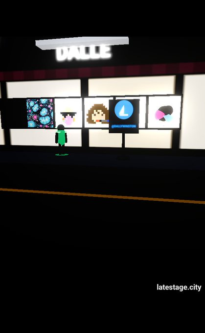 The image features a digital art piece that depicts a city street scene with a store front, including a neon sign for "DALE" above the entrance. The artist has also included a green robot walking down the sidewalk next to a person who is standing on the street corner. There are several other people in the background and various objects such as a car parked nearby. The image seems to be related to a post about minted late stage city, possibly discussing the art piece or sharing more details about it.
