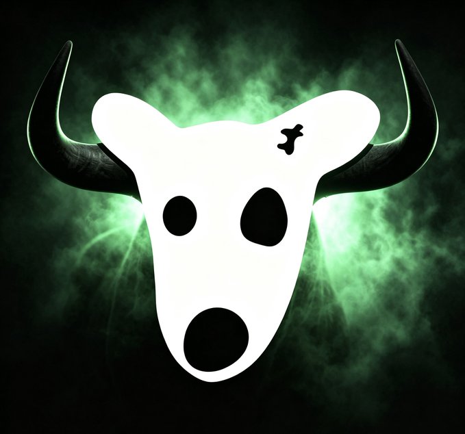 A stylized white dog skull with black horns is set against a dark background illuminated by glowing green smoke. The ominous image evokes a wild, rebellious tone, complementing the post's bold call to action to launch the $DOGS token on the BNB chain and challenge $ANSEM.