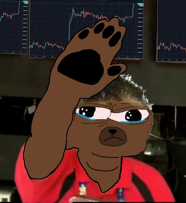 An edited photo featuring a crying cartoon bear with a human body and a crying bear paw placed over their head, sitting in front of trading charts.
