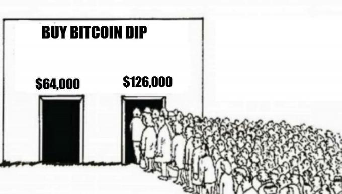 A black and white illustration titled 'BUY BITCOIN DIP' showing a large crowd of people rushing through a door labeled '$126,000' instead of one labeled '$64,000'.