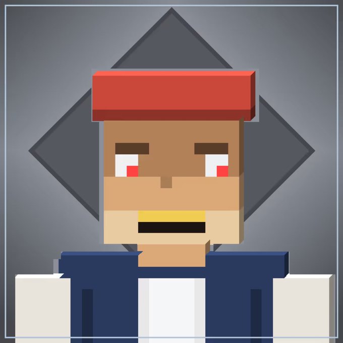A pixel art style portrait of a character with brown skin, red eyes, a red headband, and a blue and white outfit.