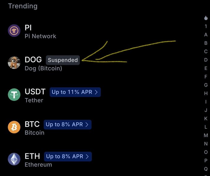 A mobile screen showing a "Trending" cryptocurrency list on MEXC with PI, DOG (Bitcoin), USDT, BTC, and ETH, where DOG has a "Suspended" tag—highlighting the issue users are facing when trying to withdraw their $DOG funds.