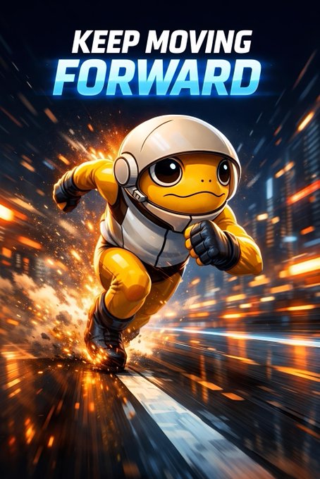 The image features a cartoon character, likely an orange frog or turtle, depicted as running at high speed with its arms outstretched. The background of the image is black, which contrasts with the bright colors of the character's outfit. The caption on the poster reads "Keep moving forward", emphasizing the theme of progress and determination.