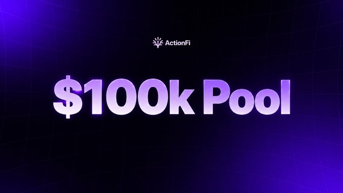 ActionFi branded graphic promoting a "$100K Pool" against a dark purple grid background, highlighting the prize pool featured in the ActionFi x SIXR campaign.