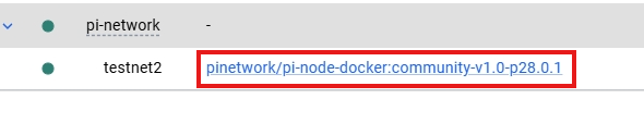The image shows a Docker image update for the Pi Network testnet, displaying the new image tag "pinetwork/pi-node-docker.community-v1.0-p28.0_1" which corresponds to Protocol V28. This reflects the Pi Core Team's automatic network update mentioned in the post, indicating that Node Operators should pull this new Docker image to keep their nodes compatible with the upgraded protocol.