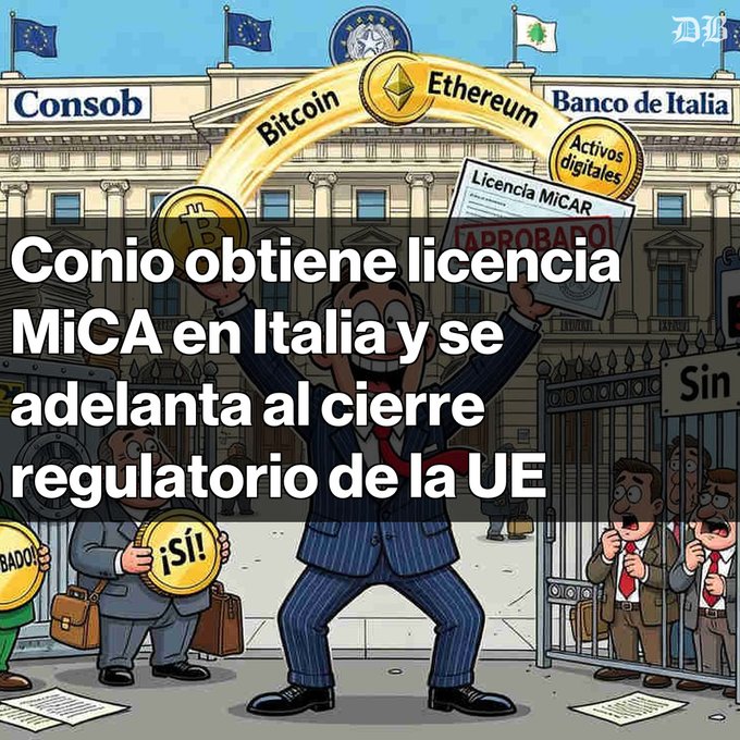 The image features a cartoon man dressed in a suit holding up two golden coins, one of which has the words "bitcoin" written on it. The scene takes place outside an Italian building with a sign that says "CONSOB". In addition to the main character, there are several other people present in the background who appear to be involved in some sort of financial activity or event related to Bitcoin and cryptocurrency regulation.