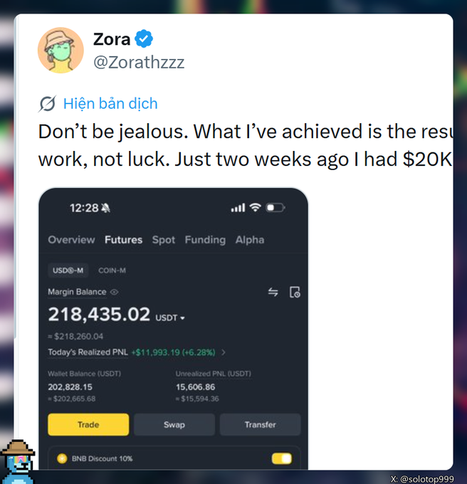 A screenshot of a tweet from Zora (@Zorathzzz) bragging about trading profits, showing a Binance Futures account with a margin balance of 218,435.02 USDT and today's realized PNL of +$11,993.19 (+6.28%).