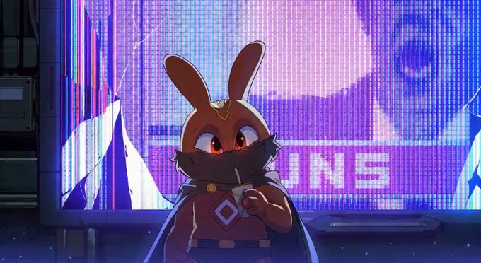 Digital artwork of an anthropomorphic rabbit character wearing a mask and cape, holding a card in front of a colorful screen displaying 'INS'.