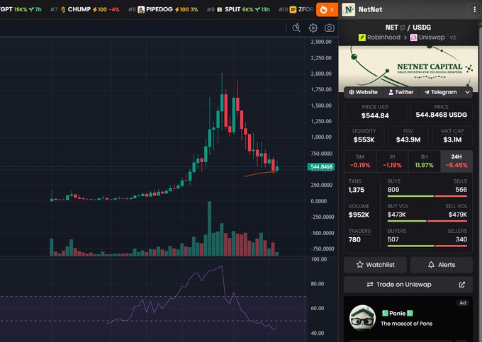 The image displays a candlestick chart of the $NET cryptocurrency (NetNet token) on Uniswap V2, showing a dramatic peak above $1,750 followed by a sharp decline to $544.84 with an 11.97% 6-hour loss. The chart illustrates the volatile "generational wealth" ride mentioned in the post, highlighting how the token surged to massive highs before correcting significantly, as the poster speculates about a future Robinhood listing.
