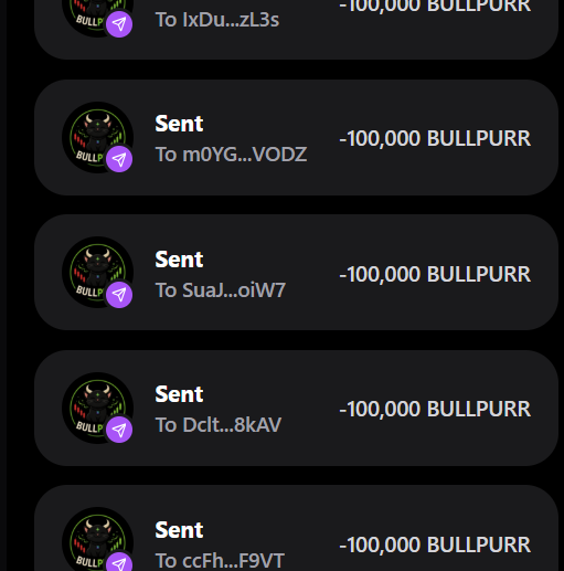 The image shows a series of transaction confirmations displaying multiple "Sent" entries, each for "-100,000 BULLPURR" to different Solana (SOL) wallet addresses (IxDu...zL3s, mOYG...VODZ, SuaJ...oiW7, DcLt...8kAV, and ccFh...F9VT). This relates to the post's airdrop giveaway, where the BULLPURR tokens are being distributed to participants who engaged with the $SOL promotion by retweeting and following the pinned post.