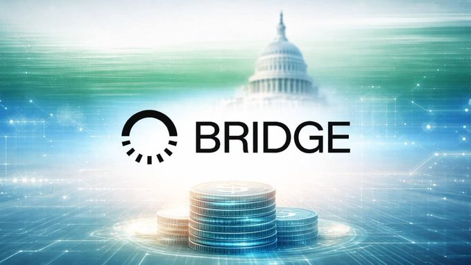 A promotional graphic for 'BRIDGE' featuring a stylized logo above stacks of glowing coins, set against a backdrop of the U.S. Capitol building with a network of digital connections.