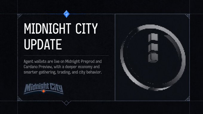 Dark-themed announcement graphic titled 'MIDNIGHT CITY UPDATE' with the 'Midnight City' logo, stating 'Agent wallets are live on Midnight Preprod and Cardano Preview, with a deeper economy and smarter gathering, trading, and city behavior.' alongside a 3D hexagonal icon.
