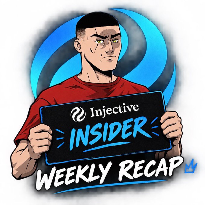 An illustrated character holds a sign reading 'Injective INSIDER' with 'WEEKLY RECAP' below, set against blue swirl graphics.