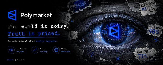 Polymarket promotional banner stating 'The world is noisy. Truth is priced. Markets reveal what really happens.' featuring an eye graphic and torn paper notes about elections, BTC, and rate cuts.