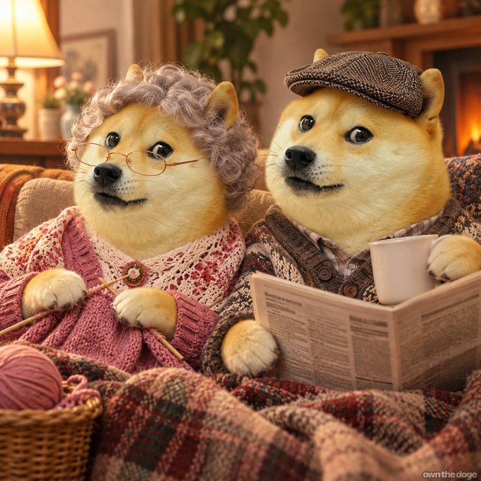 Two Shiba Inu dogs are costumed as an elderly couple sitting on a couch—the left dog wears a pink knitted cardigan, glasses, and a curly gray wig while knitting, and the right dog wears a flat cap, vest, and holds a newspaper and coffee mug.