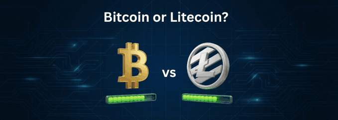 The image displays a "Bitcoin or Litecoin?" comparison graphic featuring the golden Bitcoin "₿" symbol and silver Litecoin "Ł" symbol side-by-side with "VS" between them, each above a green battery indicator on a dark blue circuit-board background. This visual aligns with the post's message contrasting Bitcoin as the value-storing "king" with Litecoin as the fast, reliable payment "workhorse," presenting the two cryptocurrencies as complementary must-have assets.