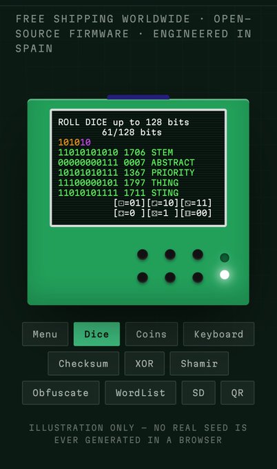 A green device interface displays a "ROLL DICE up to 128 bits" screen showing "61/128 bits" with various categories like STEM (1706), ABSTRACT (0007), PRIORITY (1367), THING (1797), and STING (1711), each paired with binary sequences, alongside buttons for Menu, Dice, Coins, Keyboard, Checksum, XOR, Shamir, Obfuscate, WordList, SD, and QR.

Given the caption's note about building a "decent website," the image showcases a hardware device preview—likely a tech product from a Spanish-engineered, open-source firmware company with worldwide shipping—demonstrating the entropy-generating dice feature for creating cryptographic seeds.