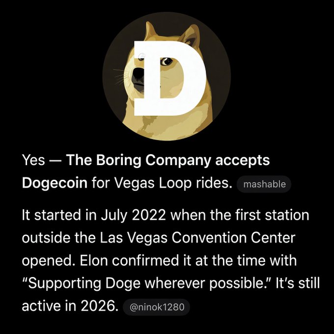 A graphic features a Dogecoin logo with text stating 'Yes — The Boring Company accepts Dogecoin for Vegas Loop rides,' detailing the start in July 2022.