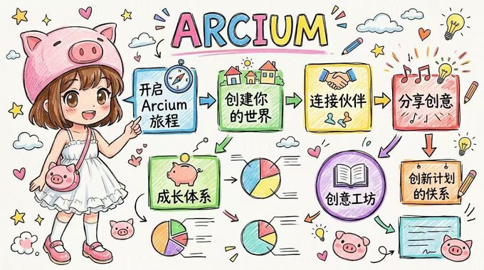 The image features an illustration of a girl with pig ears wearing a hat who appears to be named Arciump. The girl is standing next to a big graph filled with various items, including coins, books, clocks, and other symbols related to financial services. This visual representation conveys the essence of the post's message by highlighting the importance of Arciump or Arcium in the world of finance, which may be perceived as a fun, creative, and educational concept for children to understand about money management at an early age.