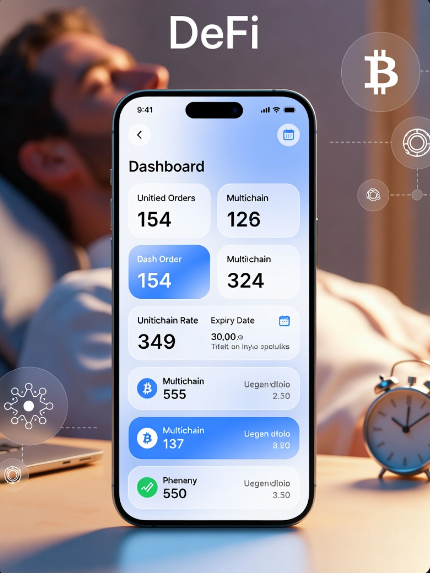 A promotional image for DeFi showing a smartphone with a cryptocurrency dashboard displaying 'Unified Orders 154', 'Multichain 126', 'Dash Order 154', and 'Multichain 324', along with various crypto rates and transactions.