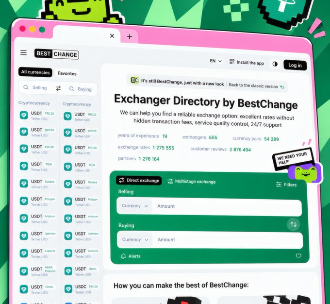 A screenshot of the BestChange website showing the 'Exchanger Directory' with a green and pink themed interface, displaying statistics like 19 years of experience, 655 exchangers, and 54,289 currency pairs, along with cryptocurrency exchange options.