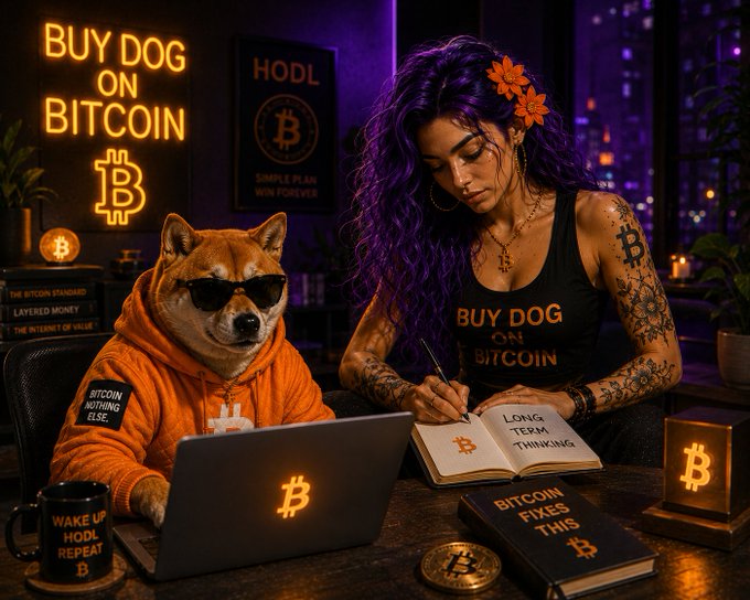 A digital illustration showing a Shiba Inu dog in an orange hoodie with sunglasses using a Bitcoin laptop next to a purple-haired woman writing in a 'Long Term Thinking' notebook, surrounded by 'BUY DOG ON BITCOIN' and 'HODL' neon signs.