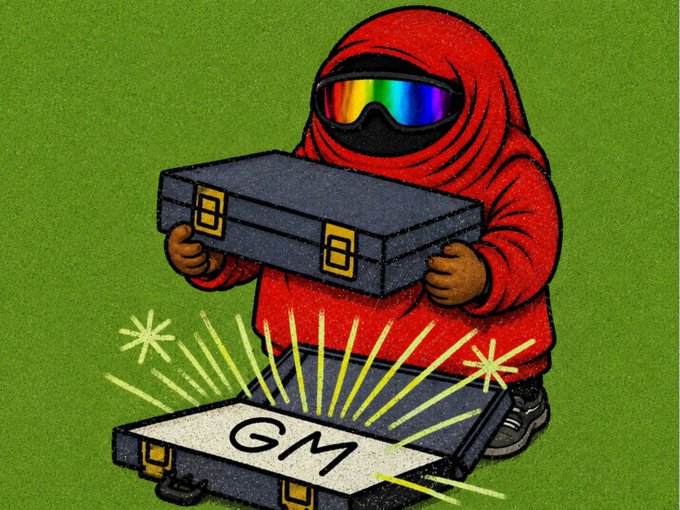 A cartoon illustration shows a figure in a red hoodie and reflective ski goggles holding a black briefcase, with another open briefcase labeled 'GM' below it on a green background.