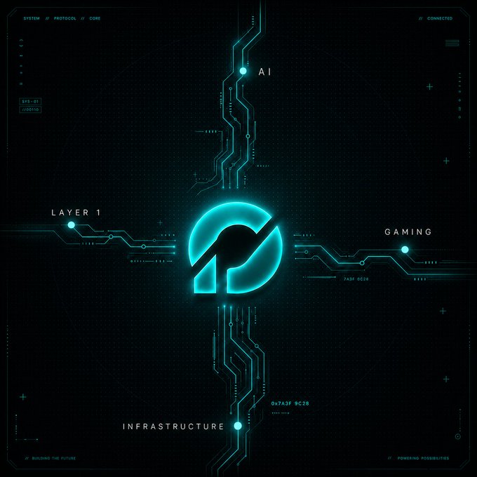 A futuristic dark digital interface with a glowing teal 'P' logo surrounded by circuit board lines, labeled with AI, LAYER 1, GAMING, and INFRASTRUCTURE.