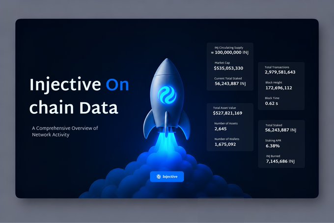 An infographic titled 'Injective On chain Data' displaying network statistics including 100,000,000 INJ circulating supply, $527,821,169 total asset value, and 1,675,092 total wallets, featuring a stylized blue rocket graphic.
