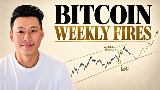 A man in a white shirt appears beside bold text reading "BITCOIN WEEKLY FIRES," alongside a price chart highlighting a "WEEKLY SIGNAL" and "4-DAY SIGNAL" marked with circled indicators—visually representing the simultaneous bot signal triggers mentioned in the post announcing the start of Bitcoin's bull market.