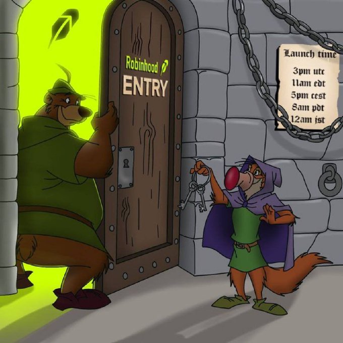 A Disney-style cartoon depicts a bear knocking on a wooden door labeled 'Robinhood ENTRY' while a fox in a cloak holds keys beside a parchment listing launch times across global time zones (3pm UTC, 11am EDT, 5pm CEST, 8am PDT, 12am IST).